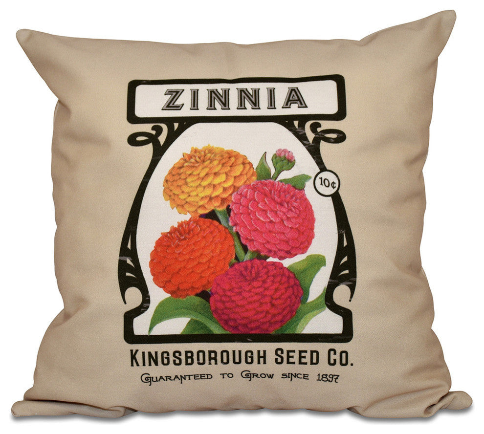 Zinnia, Floral Print Pillow, Taupe, 20"x20"