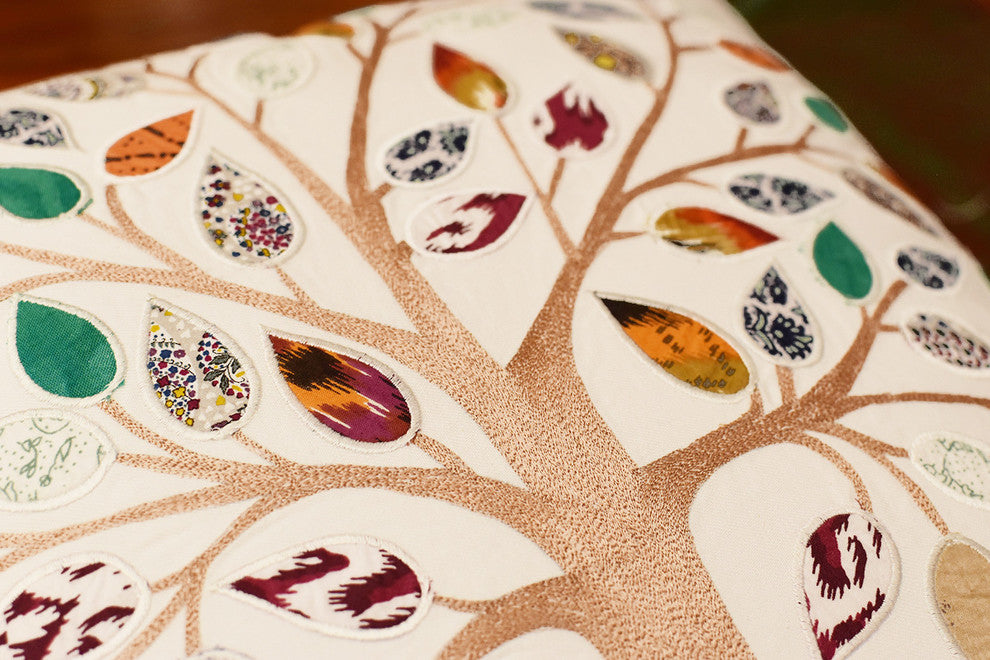 White Tree of Life Decorative Pillow Cover Cotton Applique Work Designs 18x18"