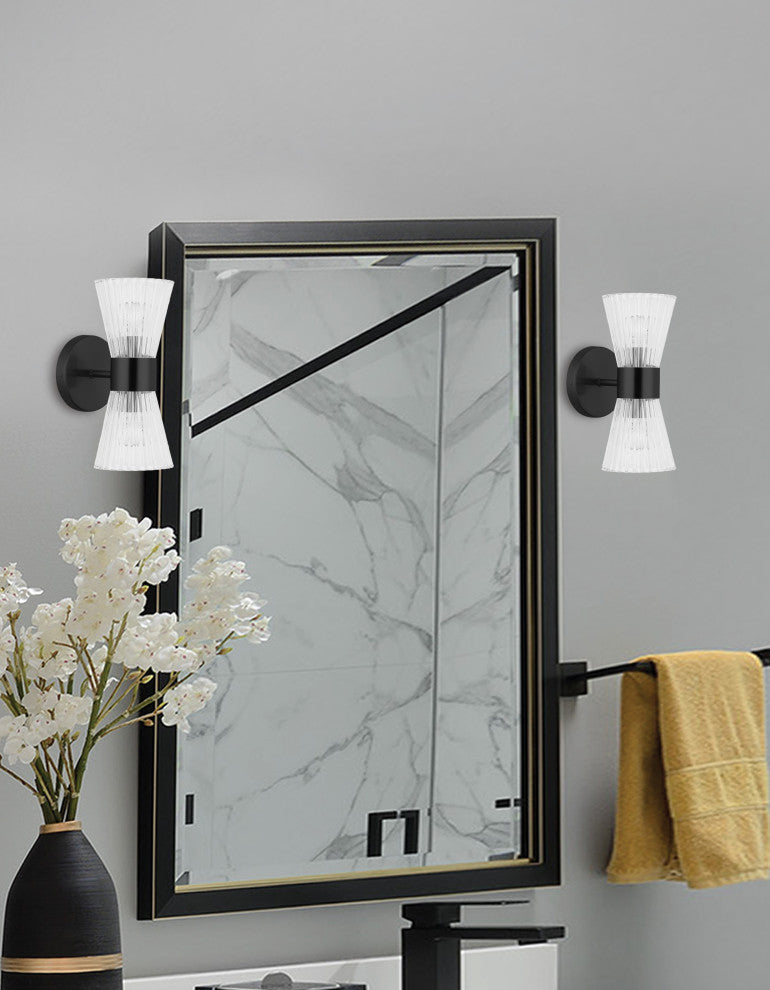 Vienna 2 Light Vanity, Matte Black, Clear Ribbed Glass