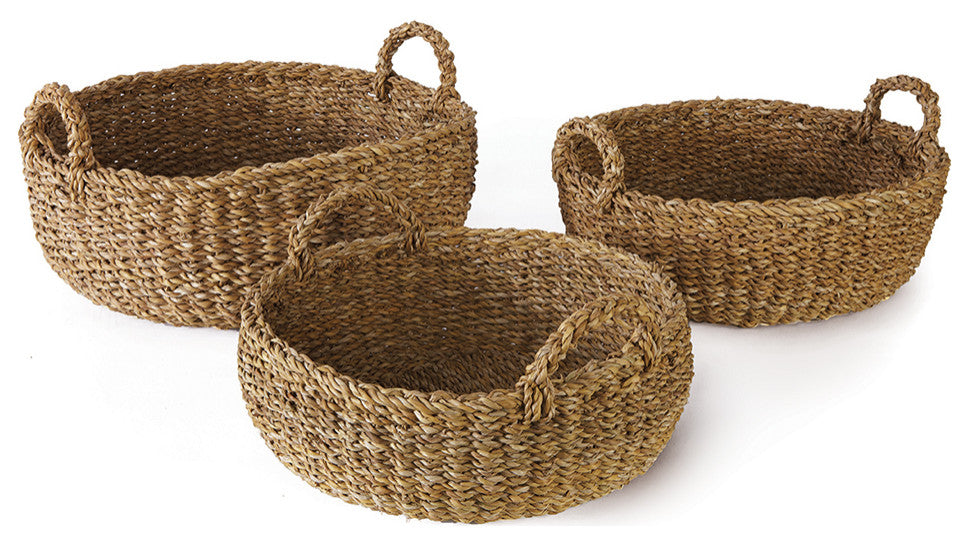 Seagrass Shallow Baskets With Handles, Set of 3