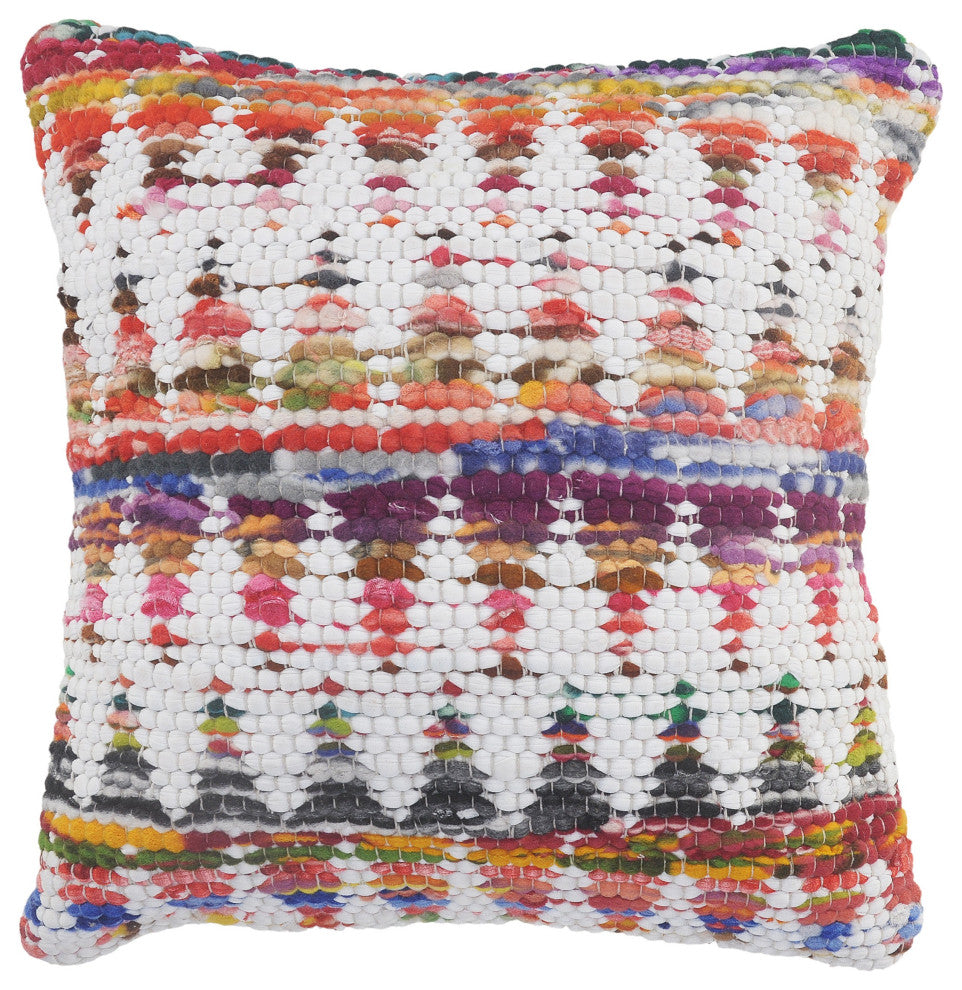 White and Multicolored Chindi Chevron Throw Pillow, 20" X 20"