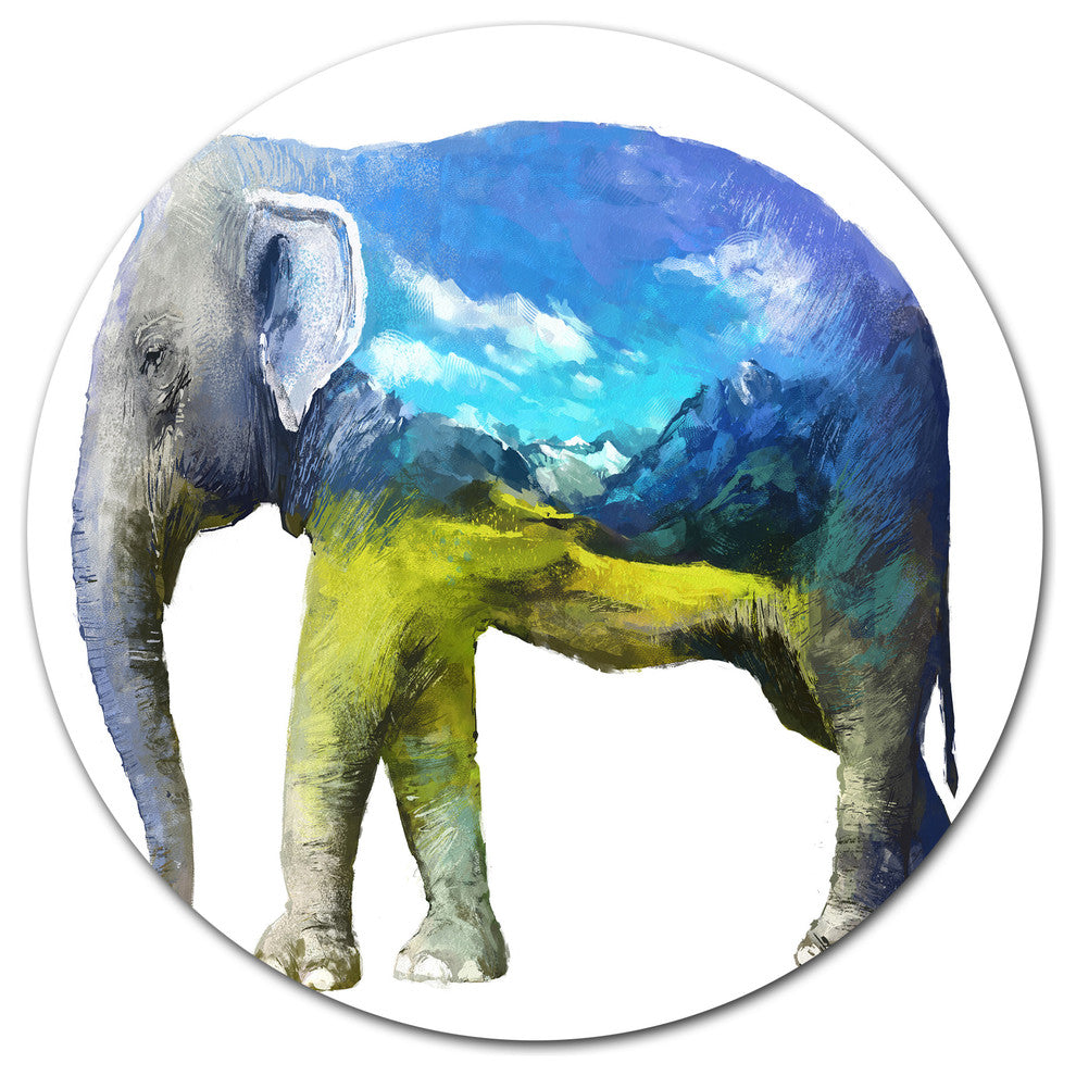 Elephant Double Exposure Illustration, Animal Disc Metal Wall Art, 11"
