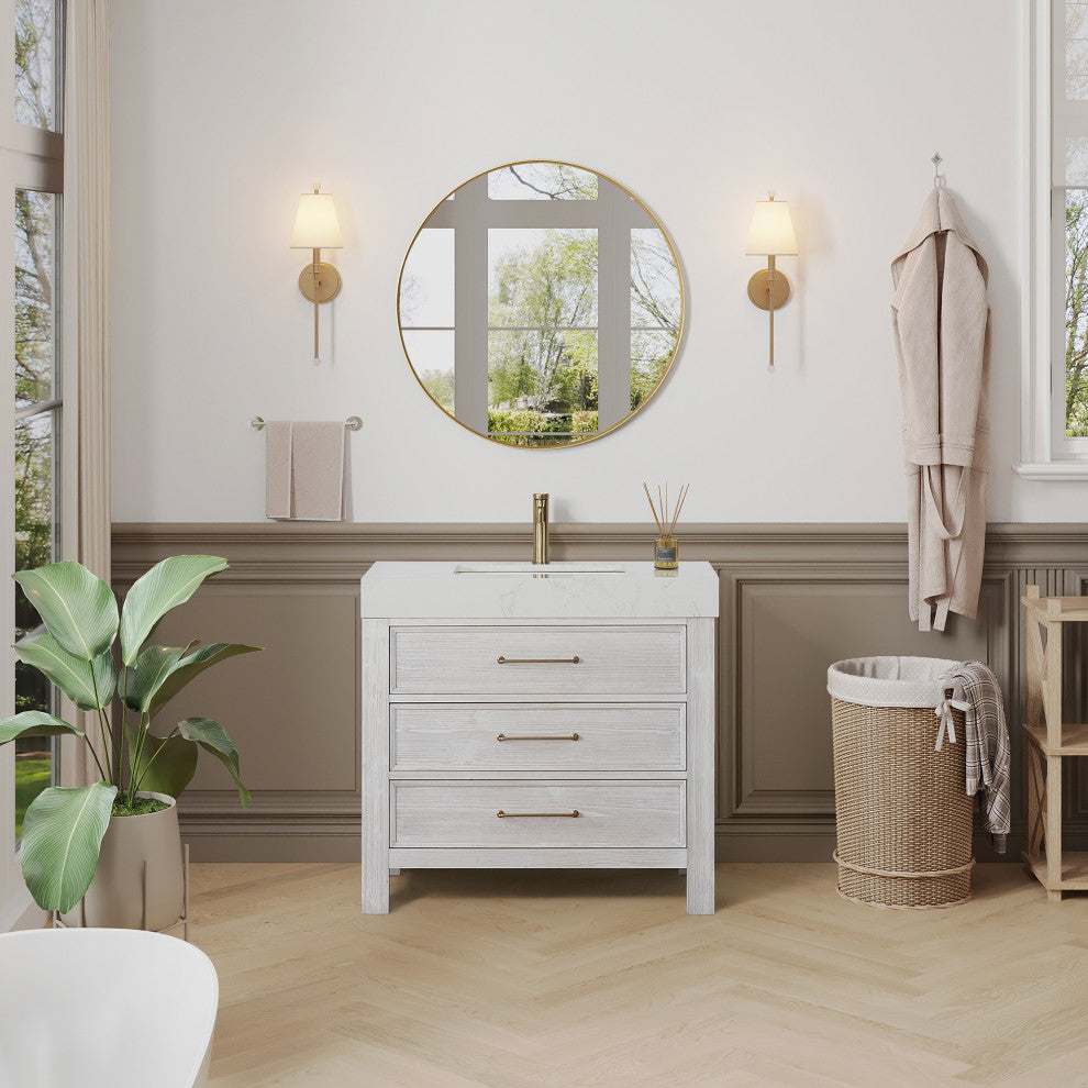 Leon Bath Vanity With Composite Stone Top, Washed White, 36", No Mirror