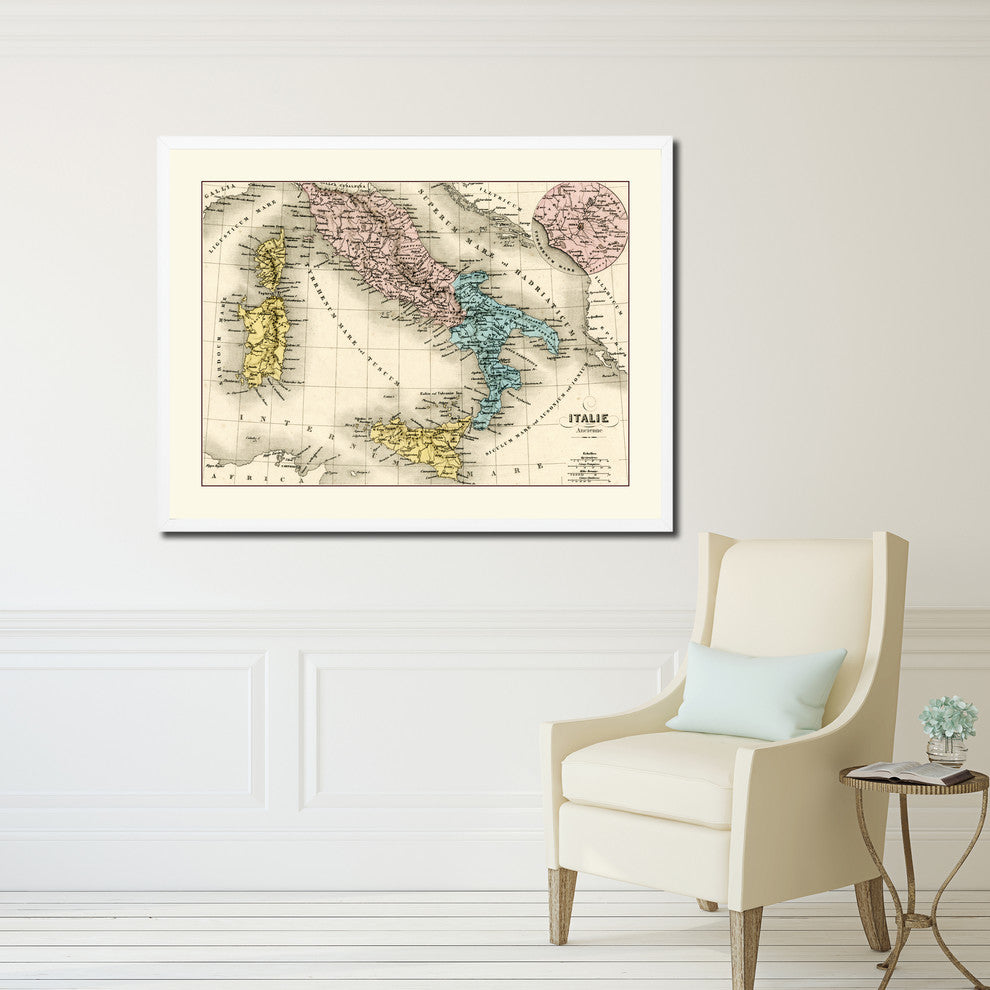 Italy Rome Old Map Print On Canvas With Picture Frame Art Collection 16" X 21"