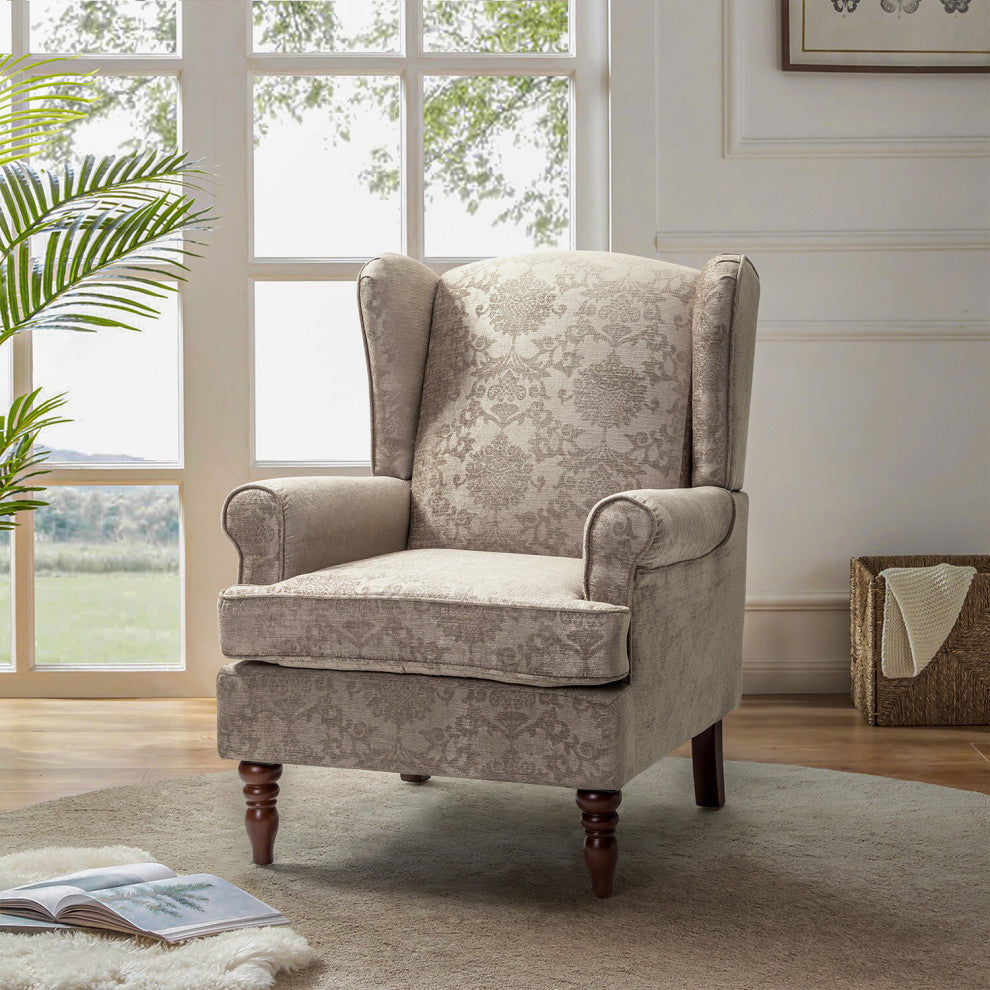 Floral Wingback Armchair with Turned Legs, Brocade