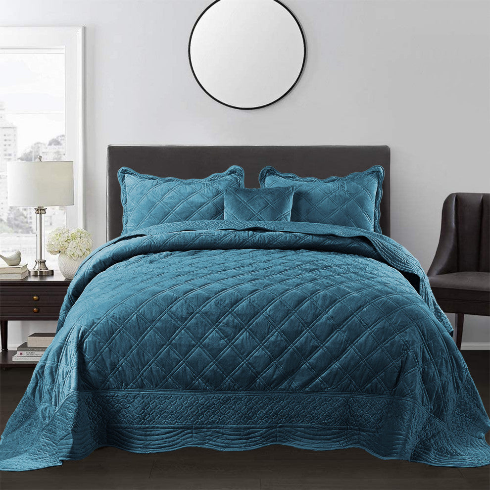 Supersoft Microplush Quilted 4-Piece Bed Spread Set, Blue Sapphire, Queen