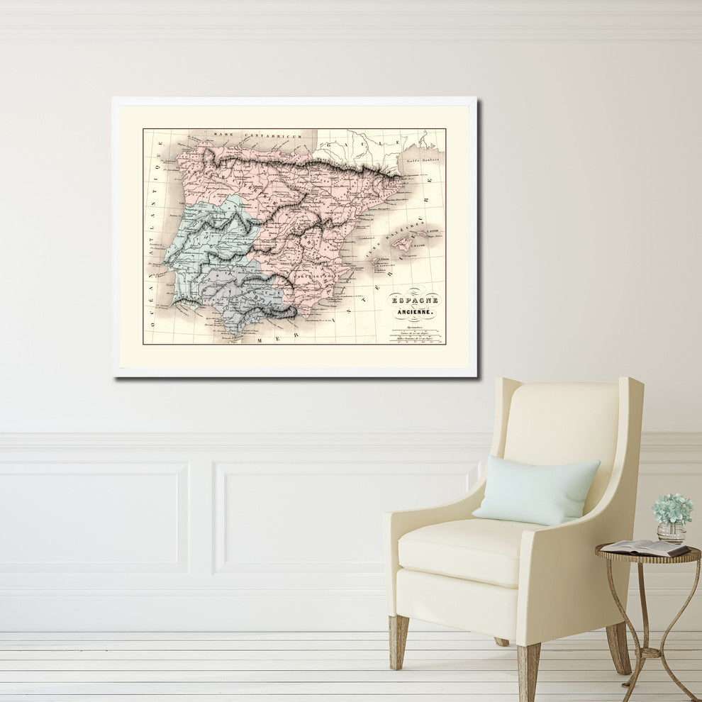 Spain Portugal Vintage Old Map Print On Canvas With Picture Frame 28" X 37"