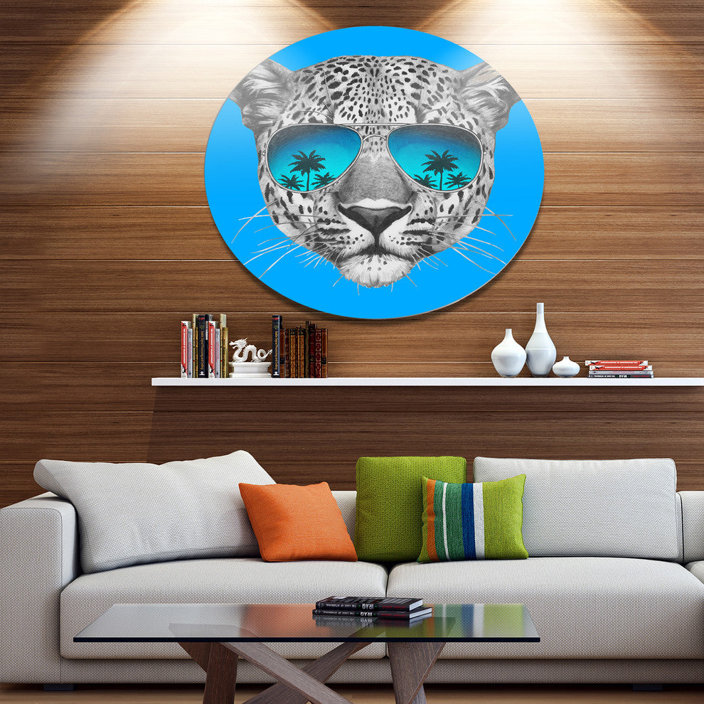 Leopard With Mirror Sunglasses, Animal Round Wall Art, 36"