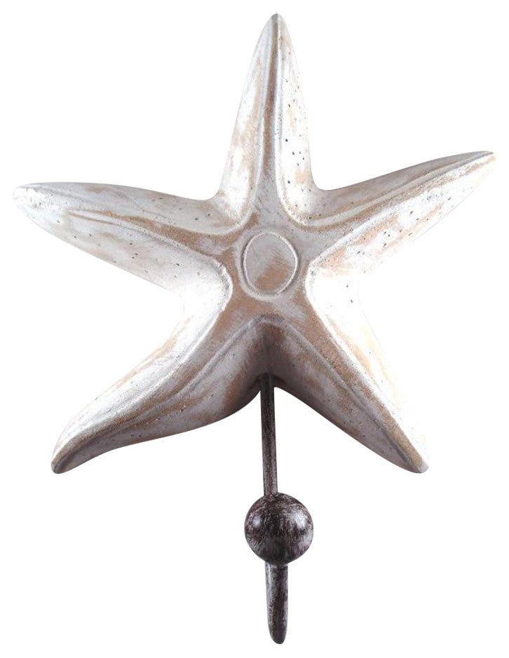 Coastal Wavy Arm Starfish Wood Carved Single Wall Hook Whitewash Finish