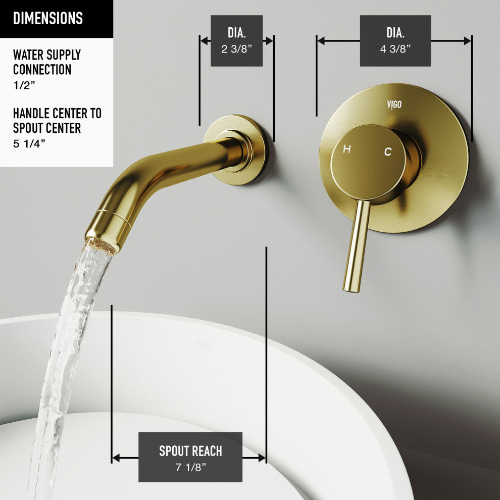 VIGO Olus 5" H Single Handle Wall Mount Bathroom Faucet, Matte Brushed Gold