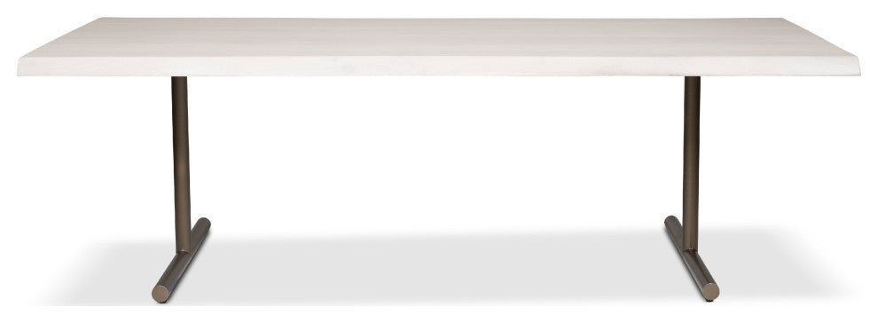 Brooks Dining Table, T Base, 40"x92", White Wash Top, Brass Base
