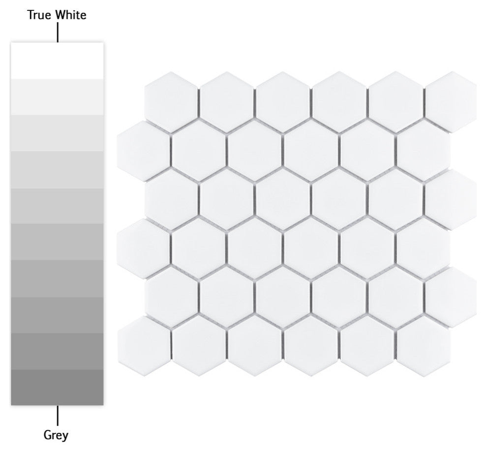 Metro Hex Matte 2" Porcelain Mosaic Floor and Wall Tile, Matte Grey, Glossy White