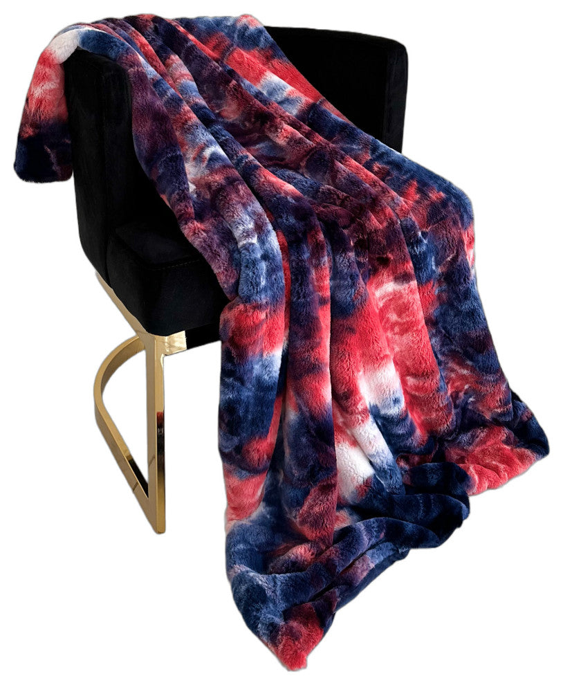 Plutus Blue Red White Fureal Faux Fur Throw Blanket, 114"L x 120"W King