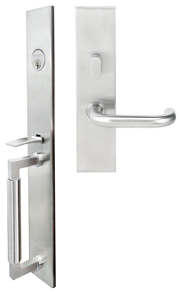 Munich Lever, Mortise Entry Handleset, Left Hand Reverse, Satin Stainless Steel