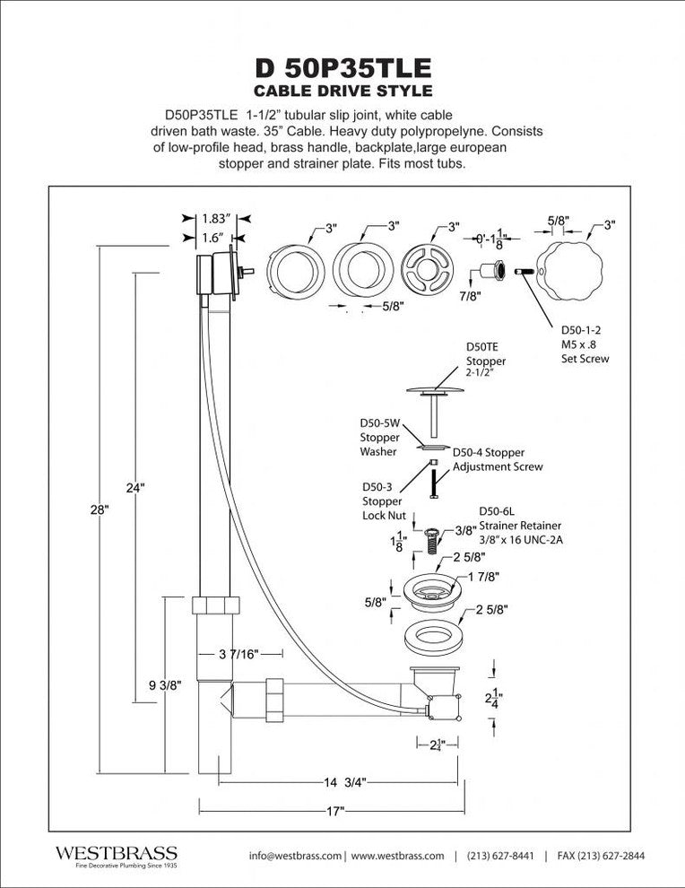 Tubular 35" Cable Drive Bath Waste, Polished Brass