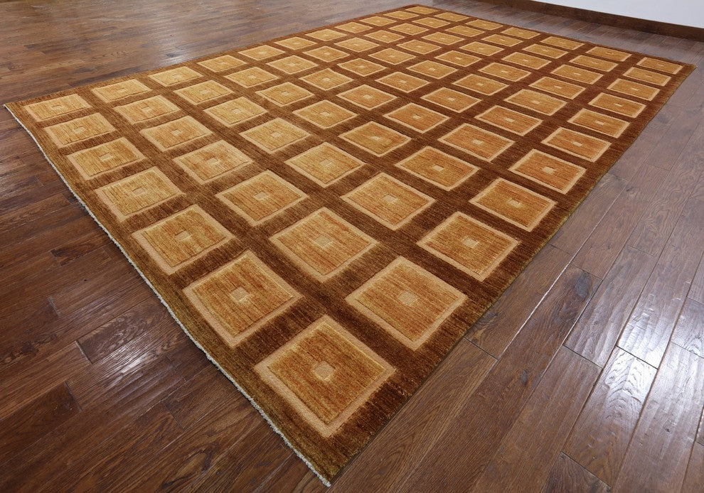 Modern Orange Geometric Gabbeh Hand-Knotted Wool Rug, 10'x15'