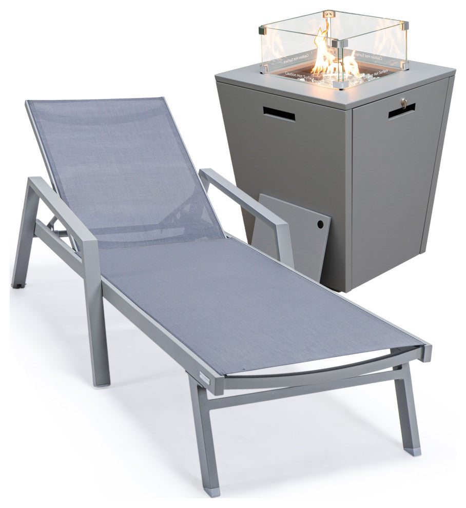 LeisureMod Marlin Chaise Lounge Chair With Arms and Fire Pit Table, Dark Gray