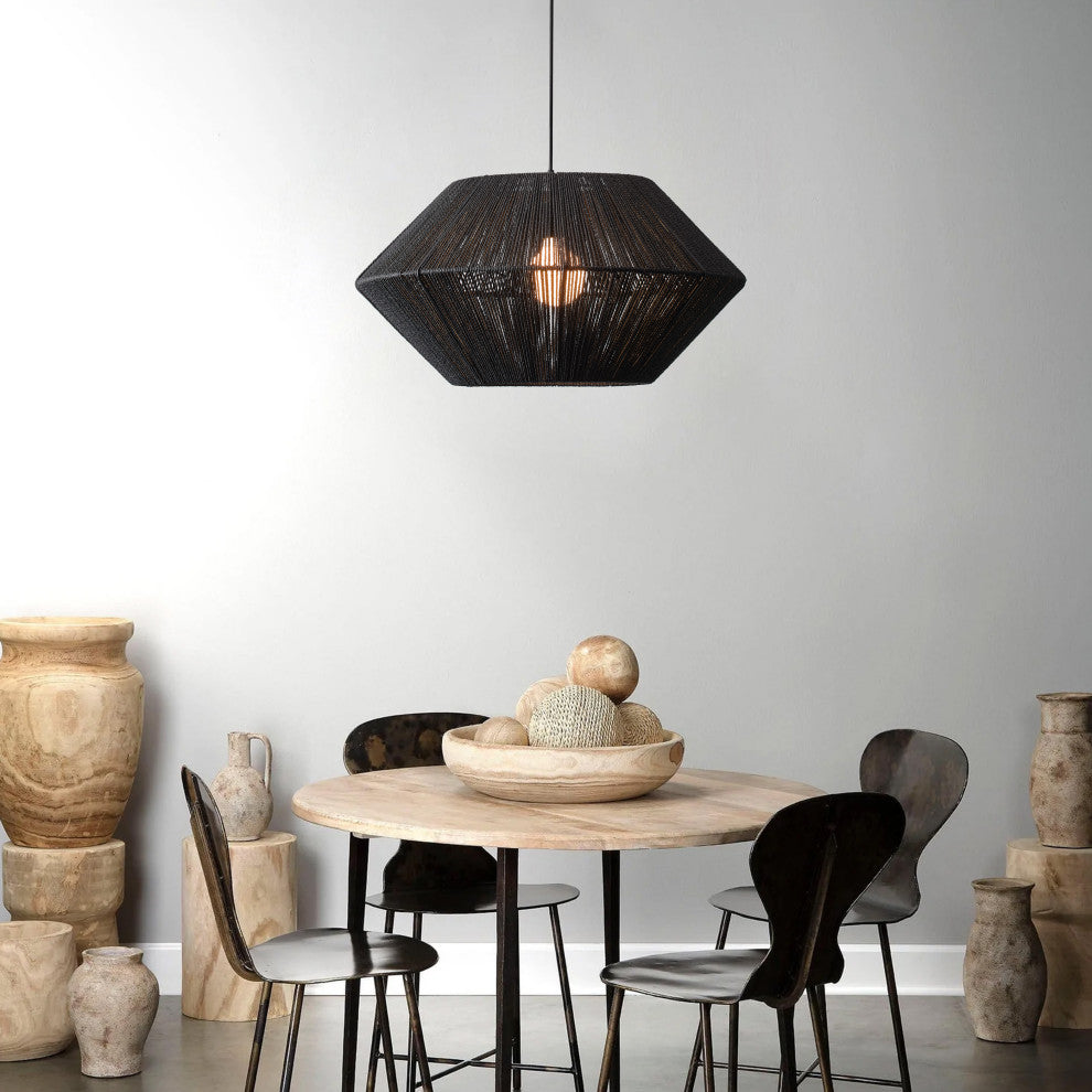 Farmhouse Matte Black Paper Rope Craft Pendant Lighting Fixture