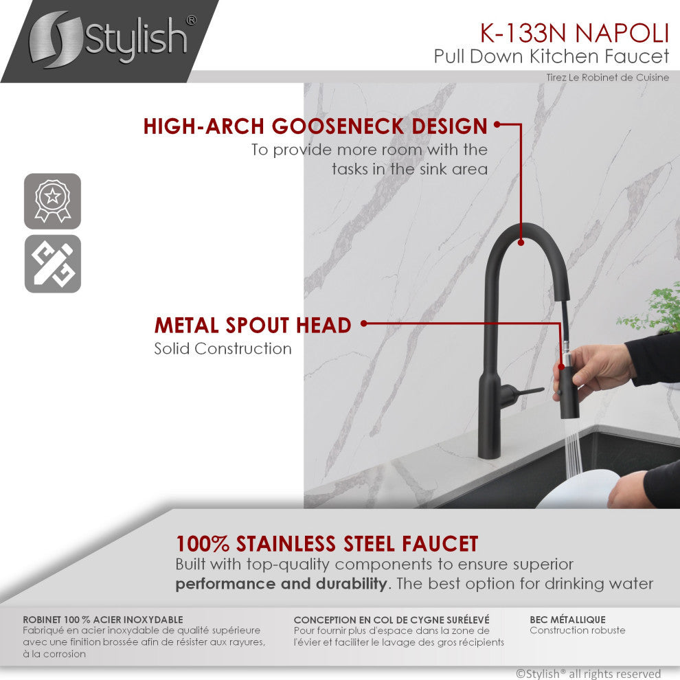 STYLISH Kitchen Sink Faucet Single Handle Pull Down Dual Mode Stainless Steel