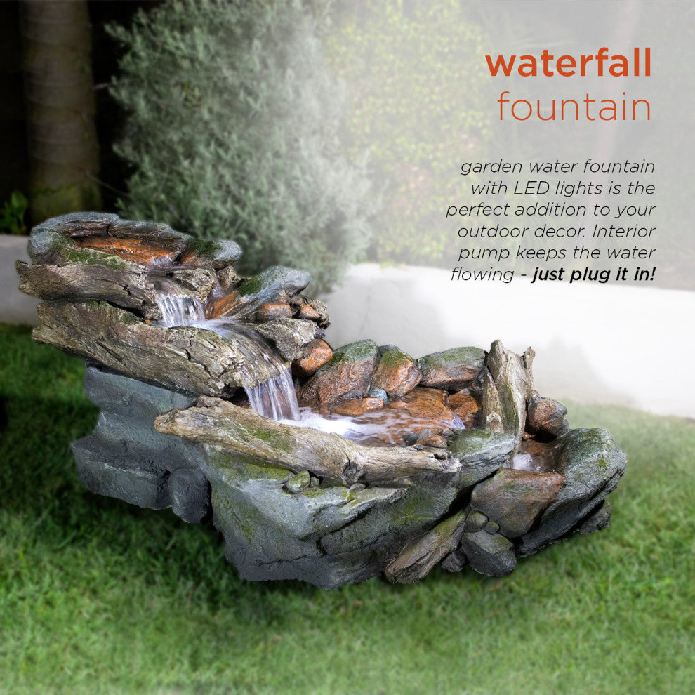 60" Long 3-Tier Rainforest Rock River Hand-Painted Fountain with LED Lights
