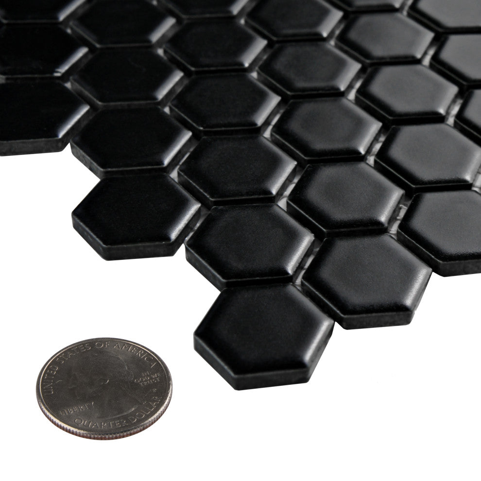 Metro 1" Hex Porcelain Mosaic Floor and Wall Tile, Black