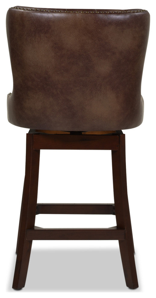 Holmes 27" Tufted High-Back 360 Swivel Counter-Height Barstool, Mid Brown Faux Leather