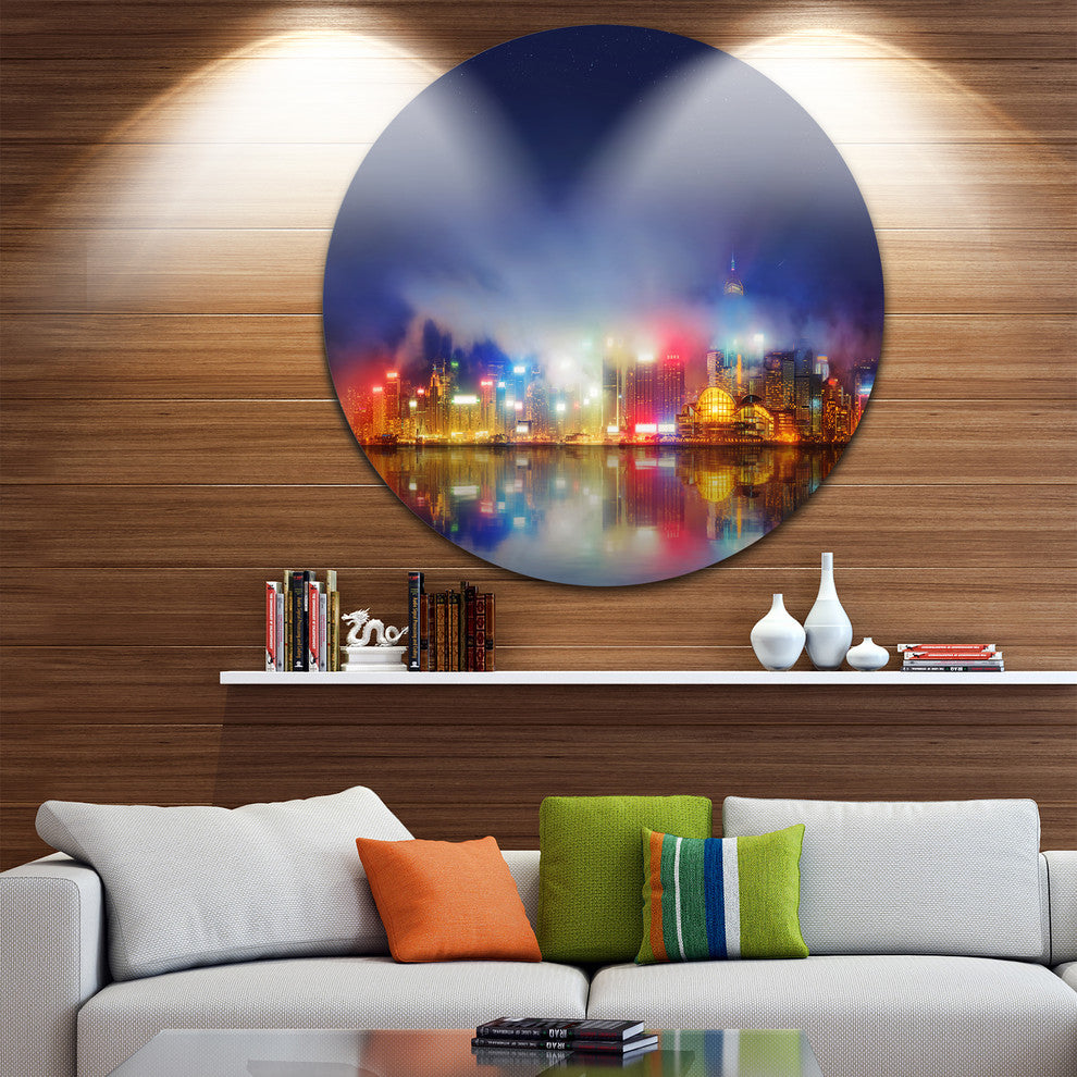 Colorful Hong Kong Skyline, Cityscape Photo Disc Metal Artwork, 11"