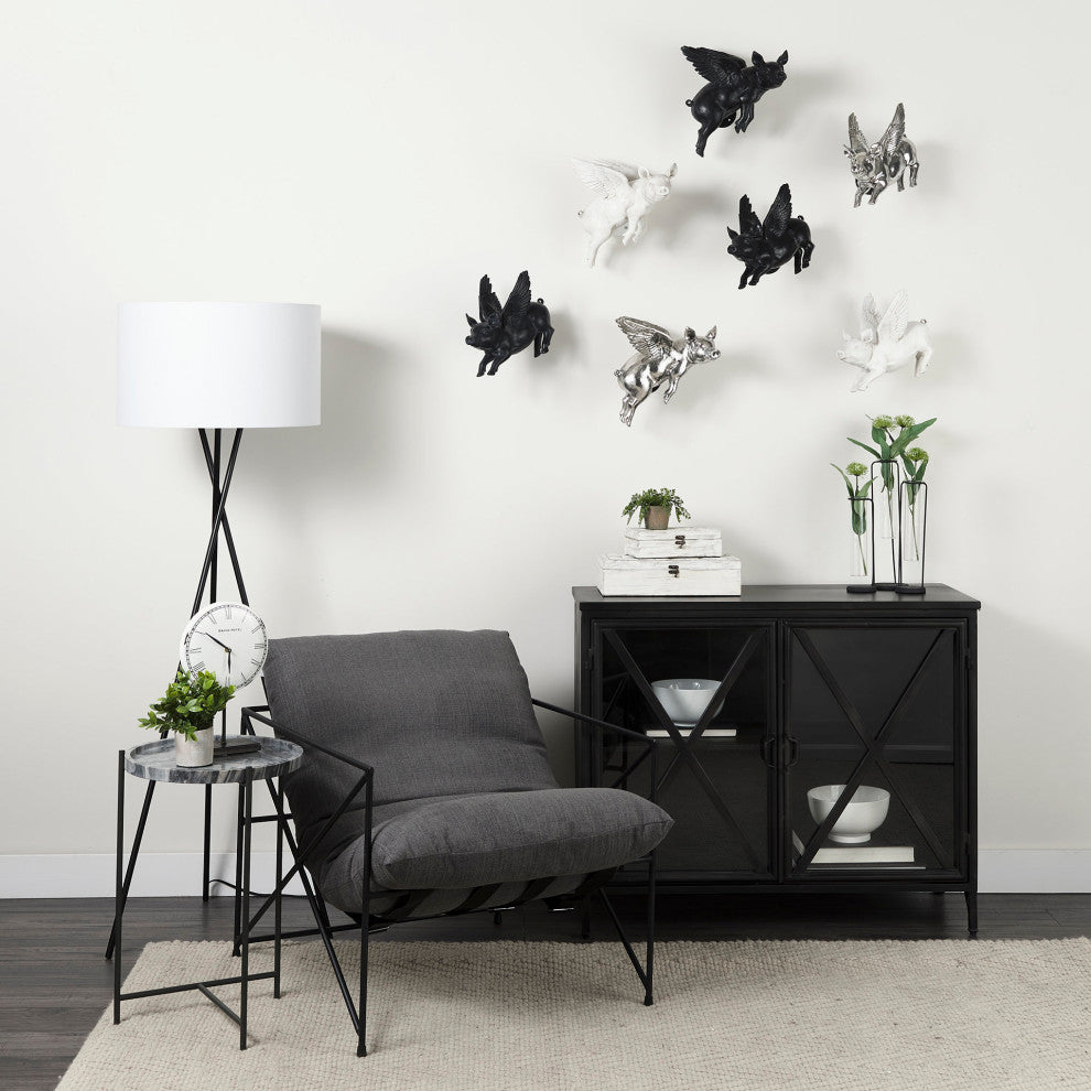 Hogbadi I White Resin Flying Pigs, Set Of 2, Black