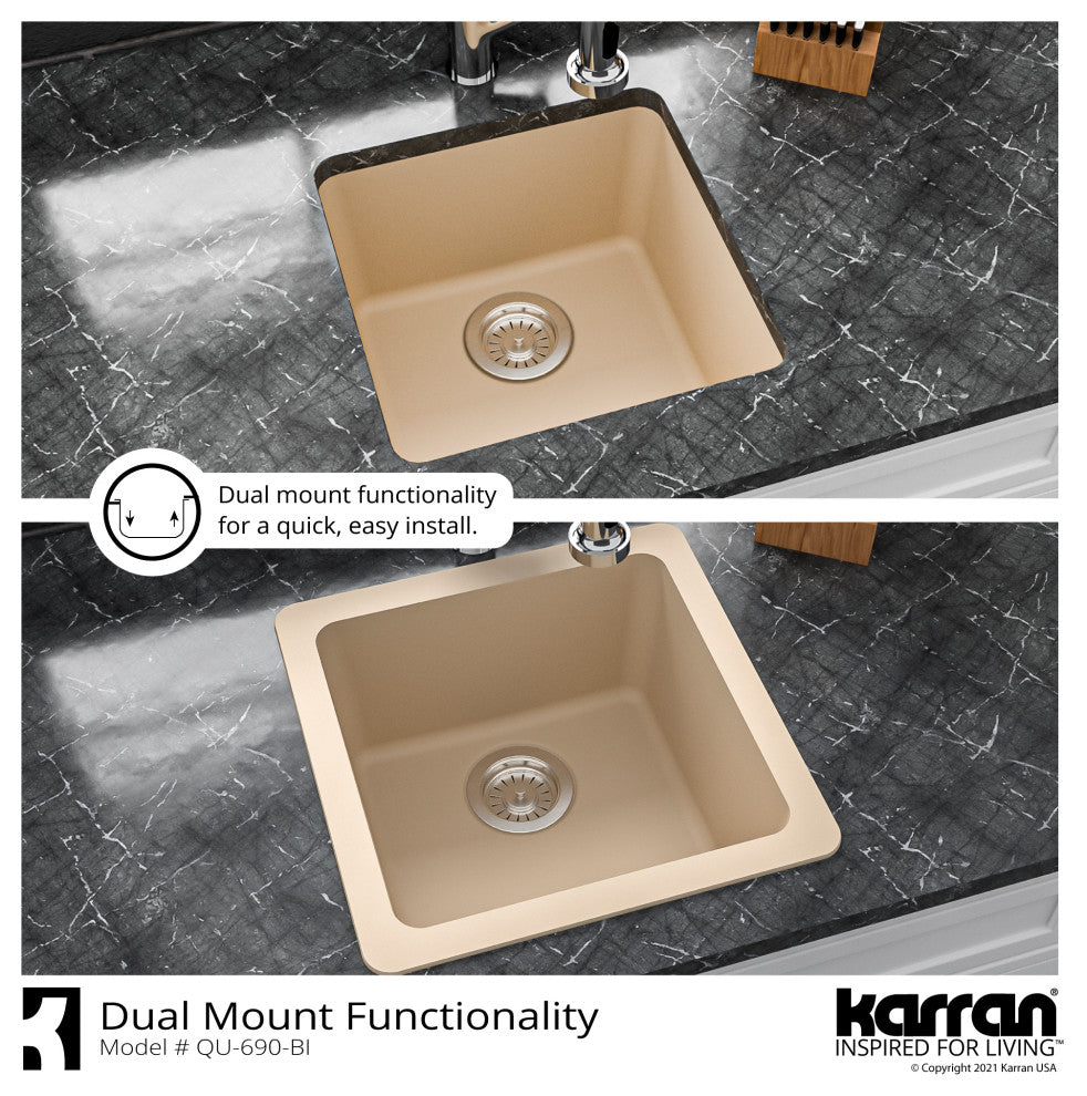Karran Undermount Quartz Composite 17" Bar Single Bowl Sink, Bisque