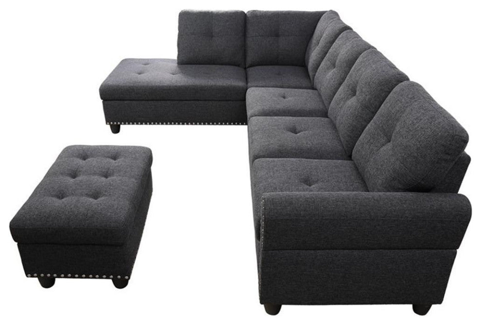 Devion Furniture Polyester Fabric Sectional Sofa with Ottoman-Dark Gray