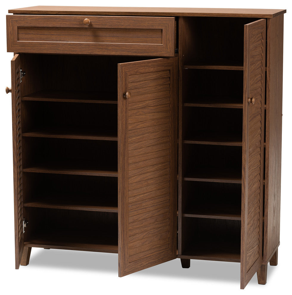Aretha Walnut 11-Shelf Wood Shoe Storage Cabinet With Drawer