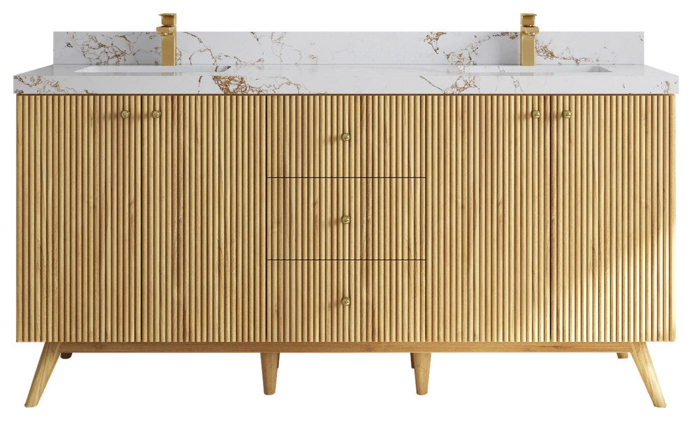 Pasadena 72 Double Sink Bath Vanity in Light Natural Teak 2" Viola Gold