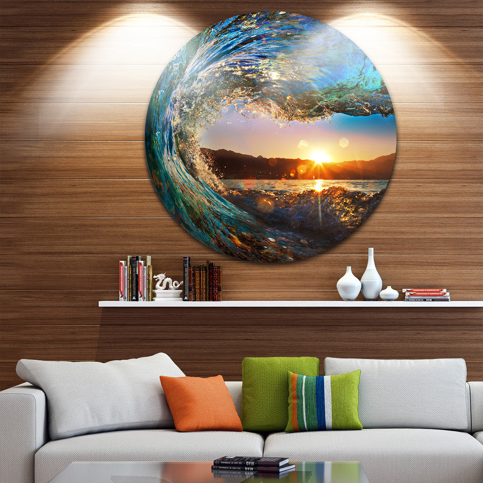 Colored Ocean Waves Falling Down, Seashore Disc Metal Wall Art, Disc of 36 Inch