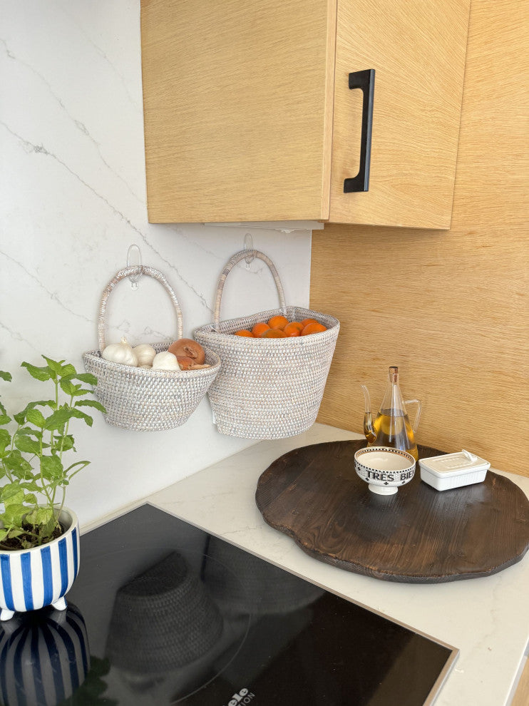 La Jolla Handwoven Rattan Wall Basket, White-Wash