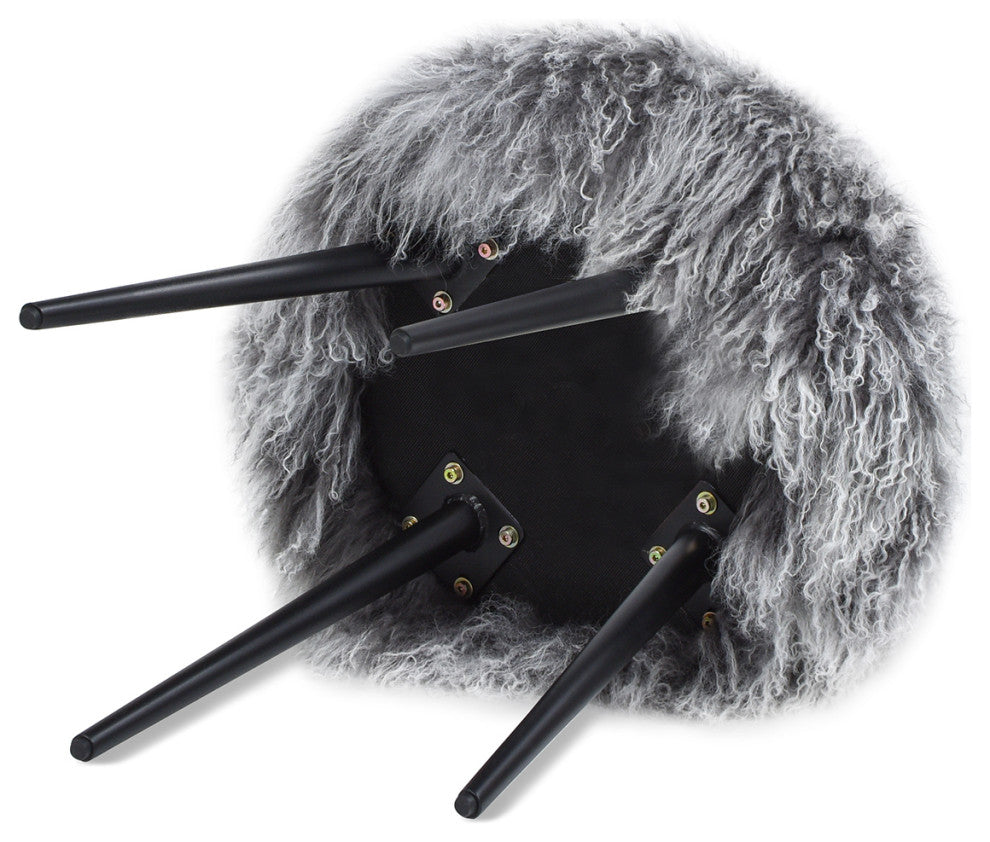 Alberta 16" Mongolian Sheepskin Genuine Fur Round Ottoman, Dimensional Gray