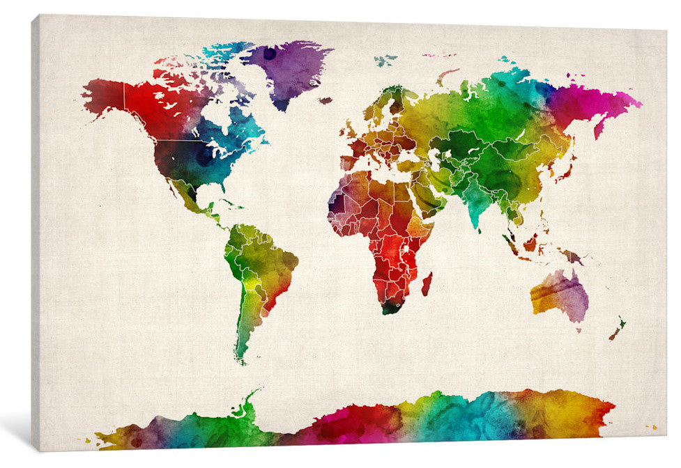 "Watercolor Map of the World III" by Michael Tompsett, 40x26x1.5"