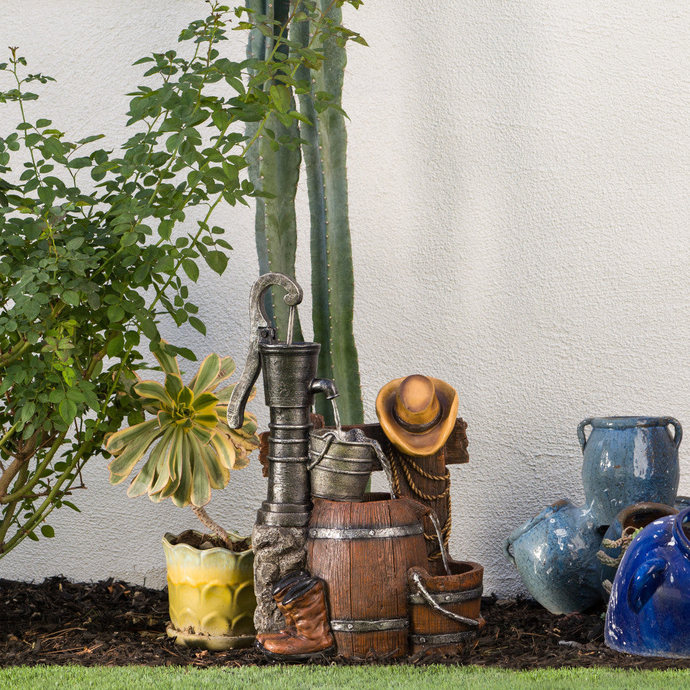 Pump and Barrel Fountain with Cowboy Hat
