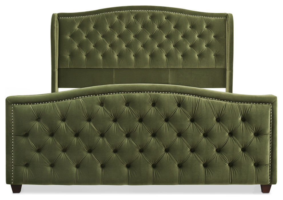 Marcella Upholstered Tufted Shelter Wingback Panel Bed, Olive Green Performance Velvet, King