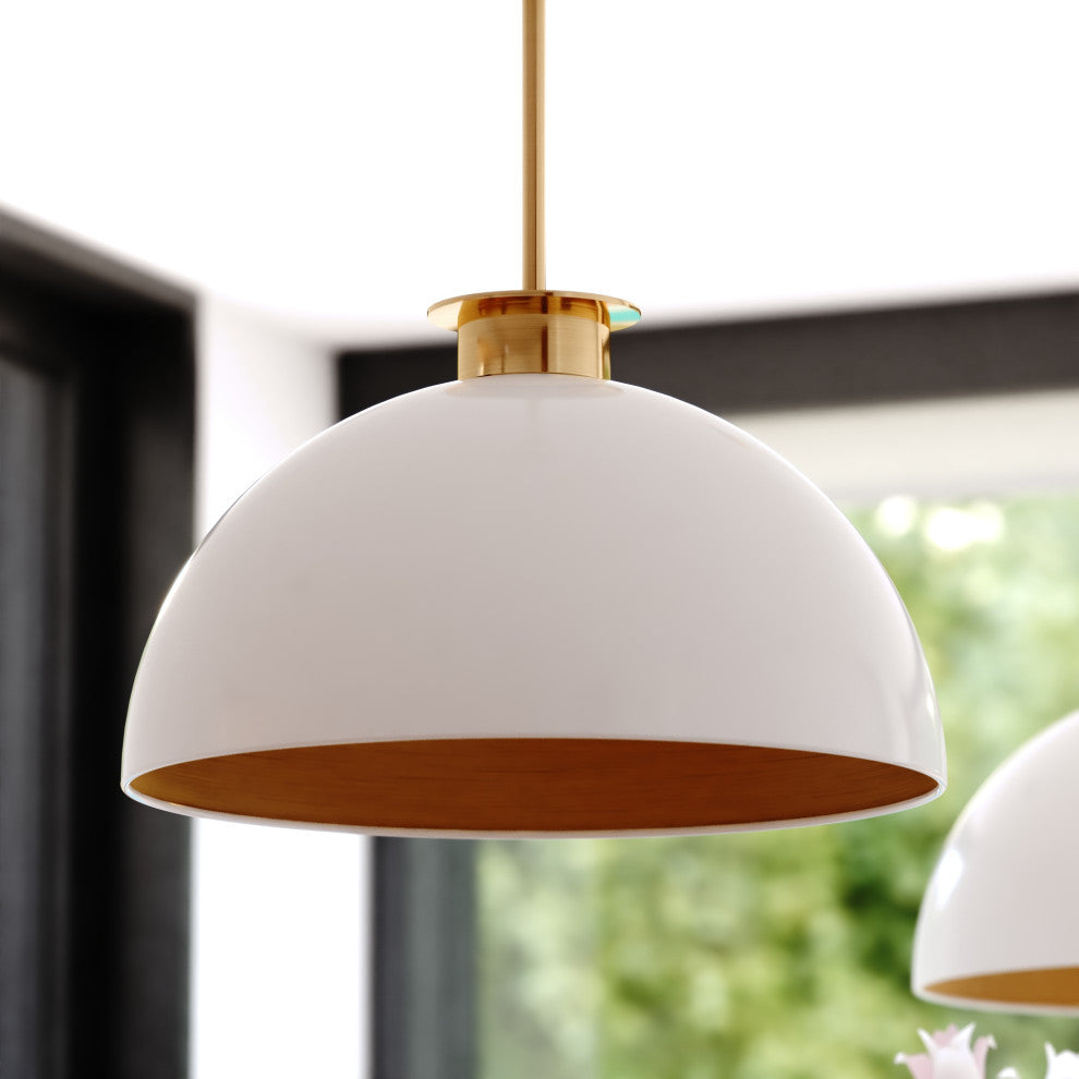 Devon 1L Glossy White and Gold Satin Brass Mid-Century Modern Pendant Light