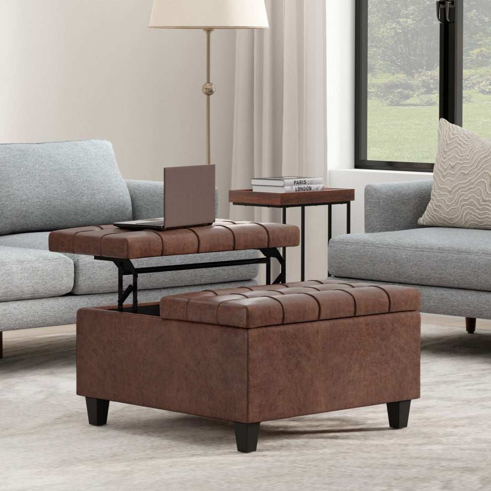 Harrison Small Square Coffee Table Storage Ottoman, Distressed Saddle Brown