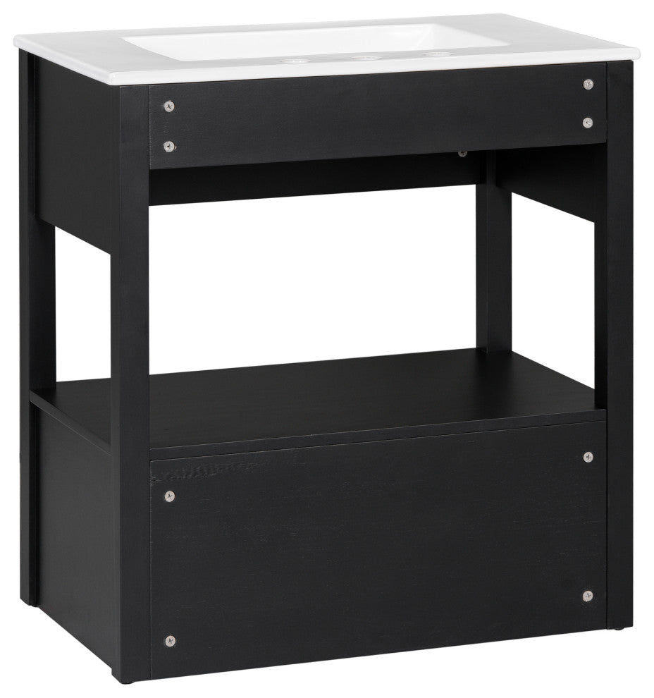 GDF Studio 30"W Vanity With Ceramic Sink, Open Shelf & Two Drawers, Black