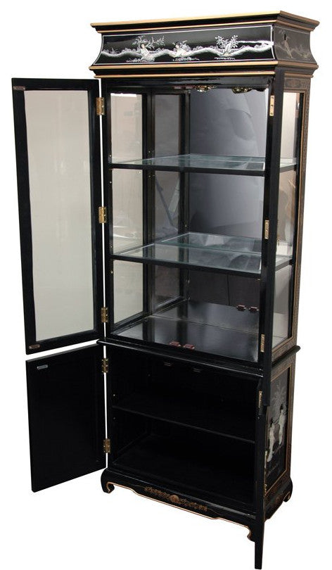Lacquer Curio Cabinet, Black Mother of Pearl Ladies