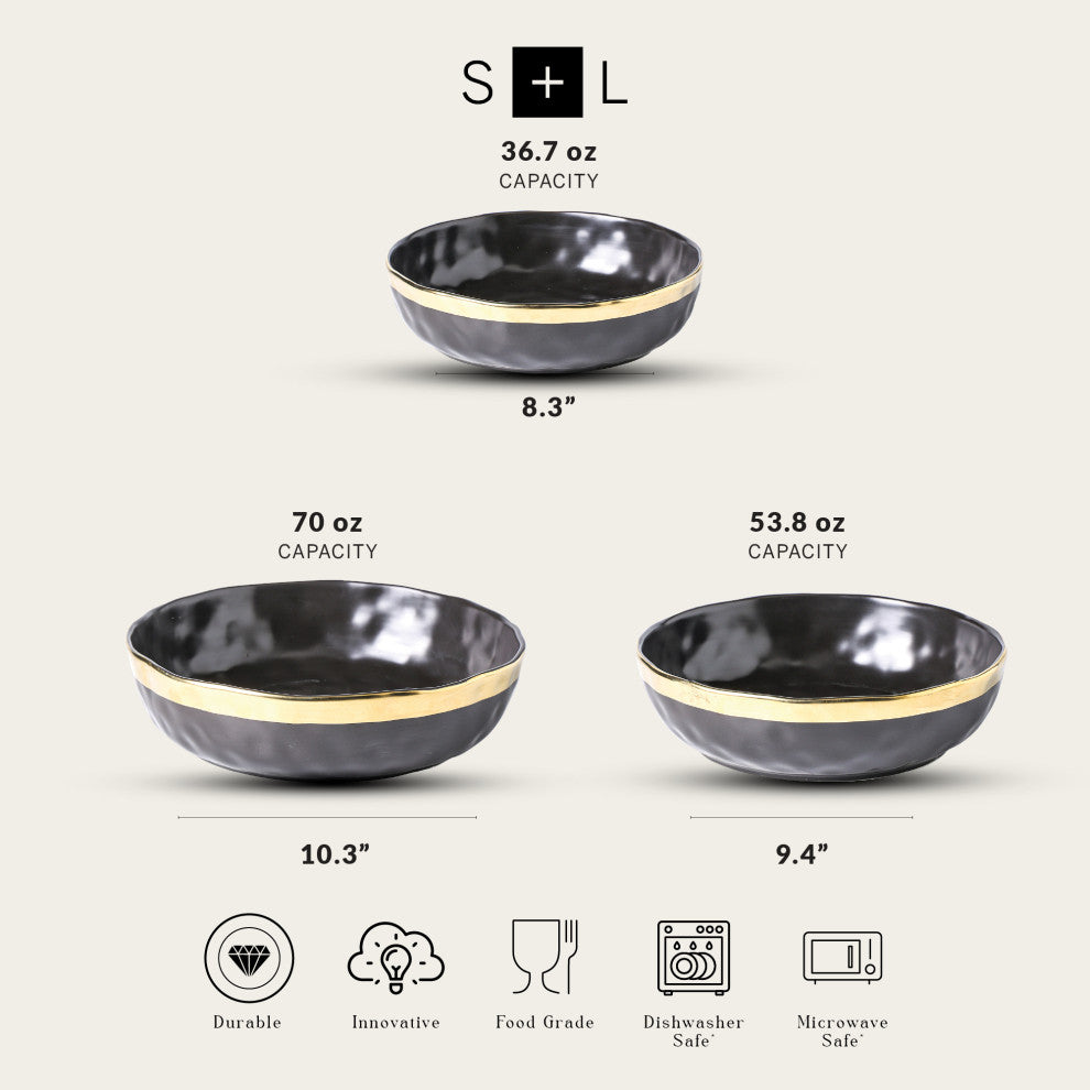 3-Piece Stone Lain Florian Porcelain Serving Bowl Set, Black