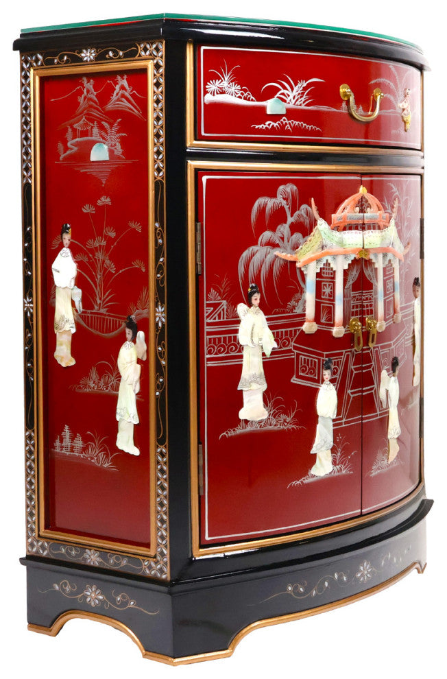 French Red Oriental Round Front Hall Cabinet