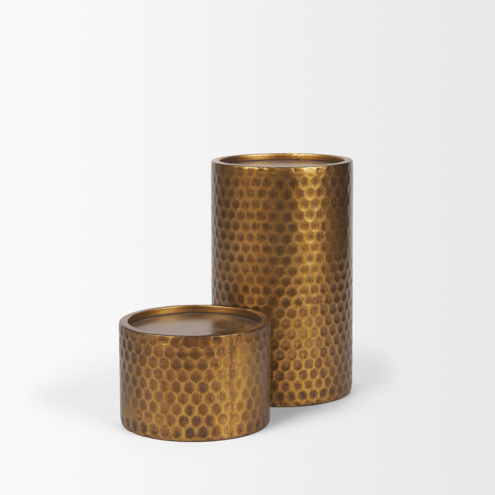 Gage Antiqued Gold Honeycomb Textured Metal Candle Holder, 2-Piece Set