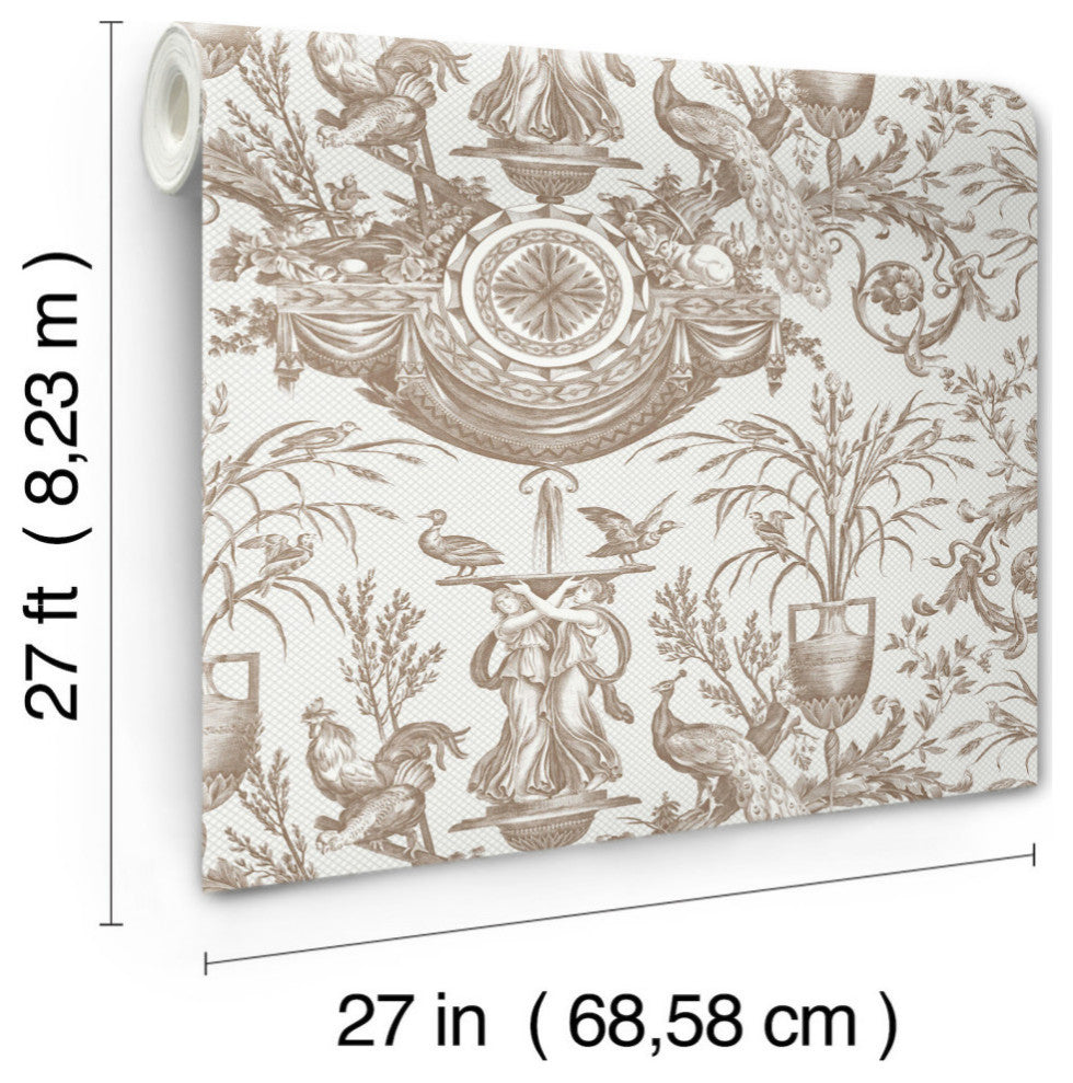 Avian Fountain Toile Mink Wallpaper