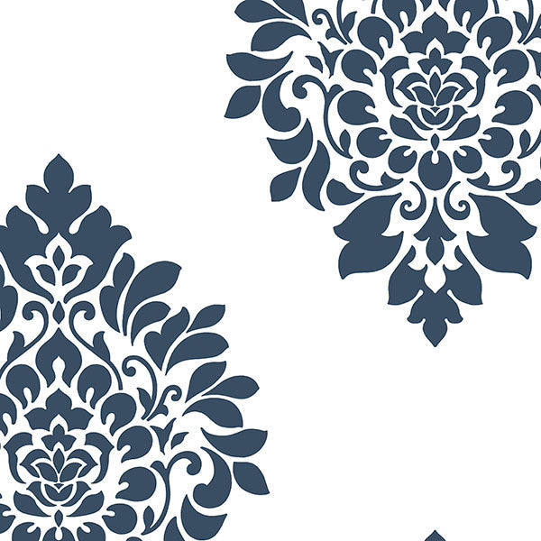 Modern Damask Wallpaper, Navy Blue and White, Sample