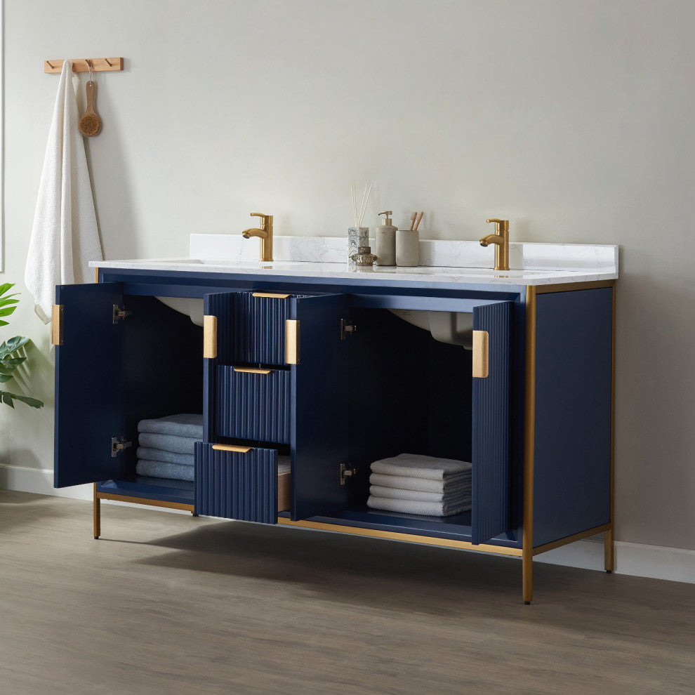 Granada Vanity With White Composite Stone Top, Royal Blue, 60", Without Mirror