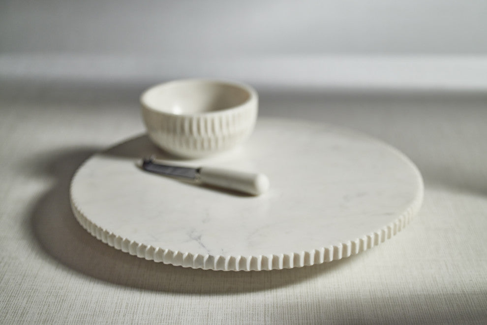 Caserta Ribbed Finish White Marble Lazy Susan