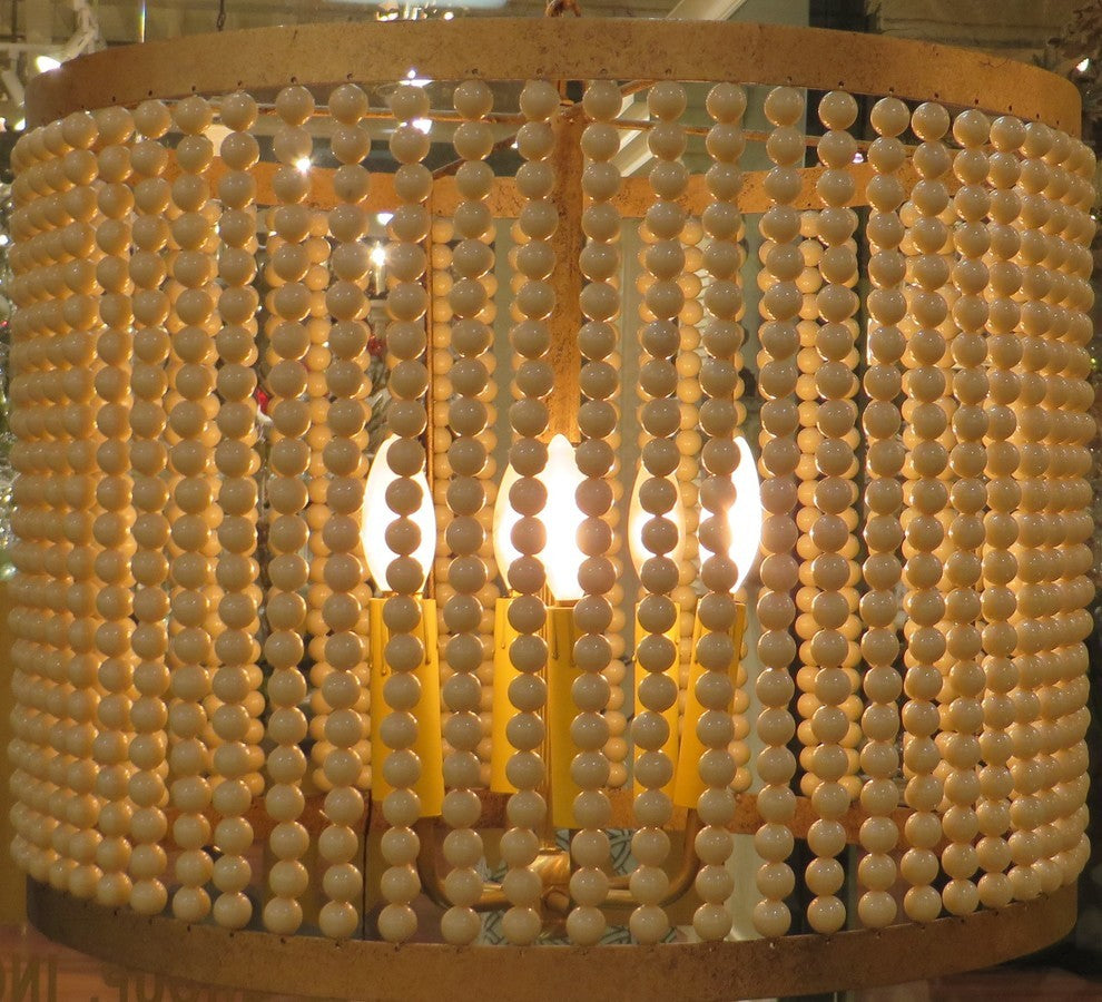 20" Iron Cream Beaded Drum Pendant Chandelier, Romantic Pearl 6-Light Antique